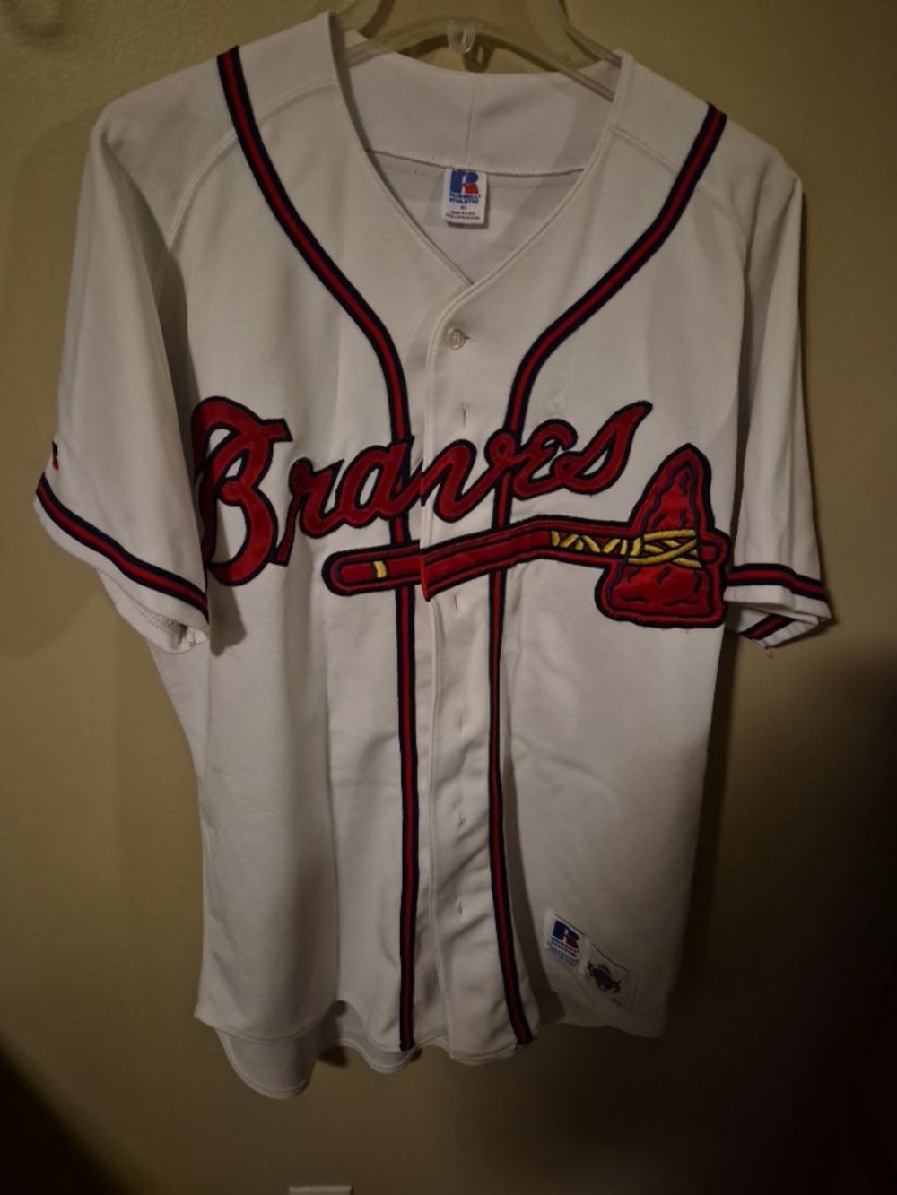 Russell Athletic White Atlanta Braves Red & Navy Button Baseball Jersey